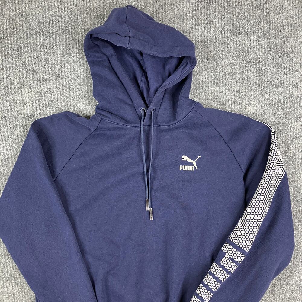 Puma EVO Hoodie Mens S Navy Blue Pullover Athletic‎ Logo Sleeve Graphic